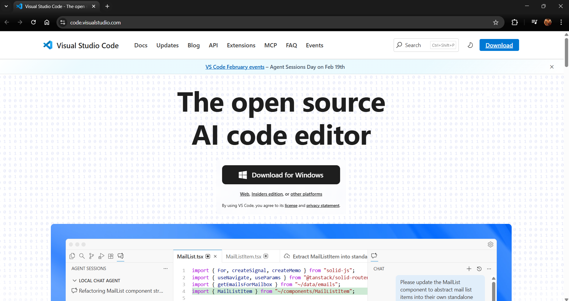 Strona pobierania Visual Studio Code z przyciskiem pobierania dla Windows