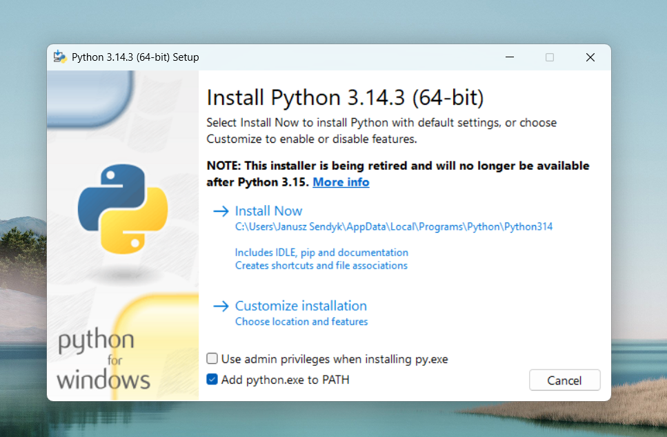 Instalator Pythona na Windows — zaznaczona opcja Add python.exe to PATH na dole okna
