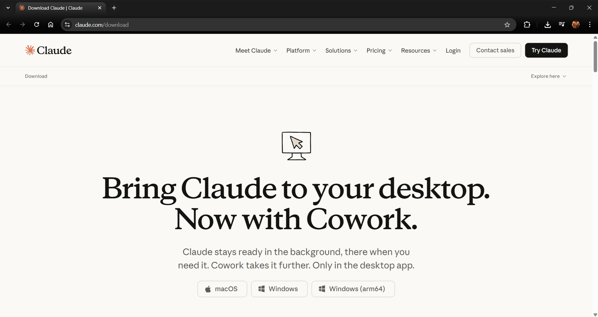 Strona pobierania Claude Desktop z przyciskiem pobierania