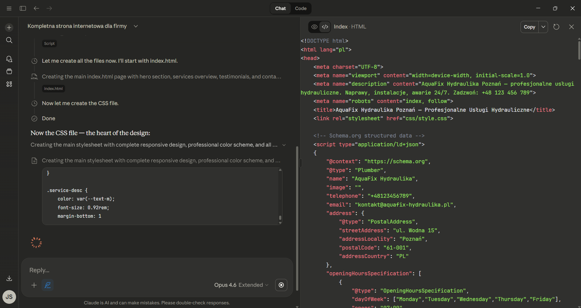 Artefakt HTML w Claude Desktop — widoczny podgląd strony i przyciski Kopiuj oraz Pobierz