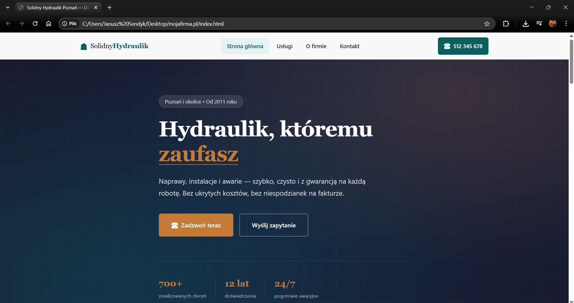 Podgląd wygenerowanej strony w przeglądarce — strona główna z nawigacją, treścią i stopką