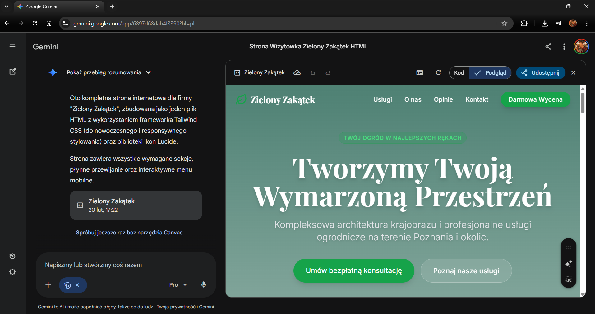 Interfejs Gemini z aktywnym panelem Canvas — po lewej czat, po prawej podgląd wygenerowanej strony