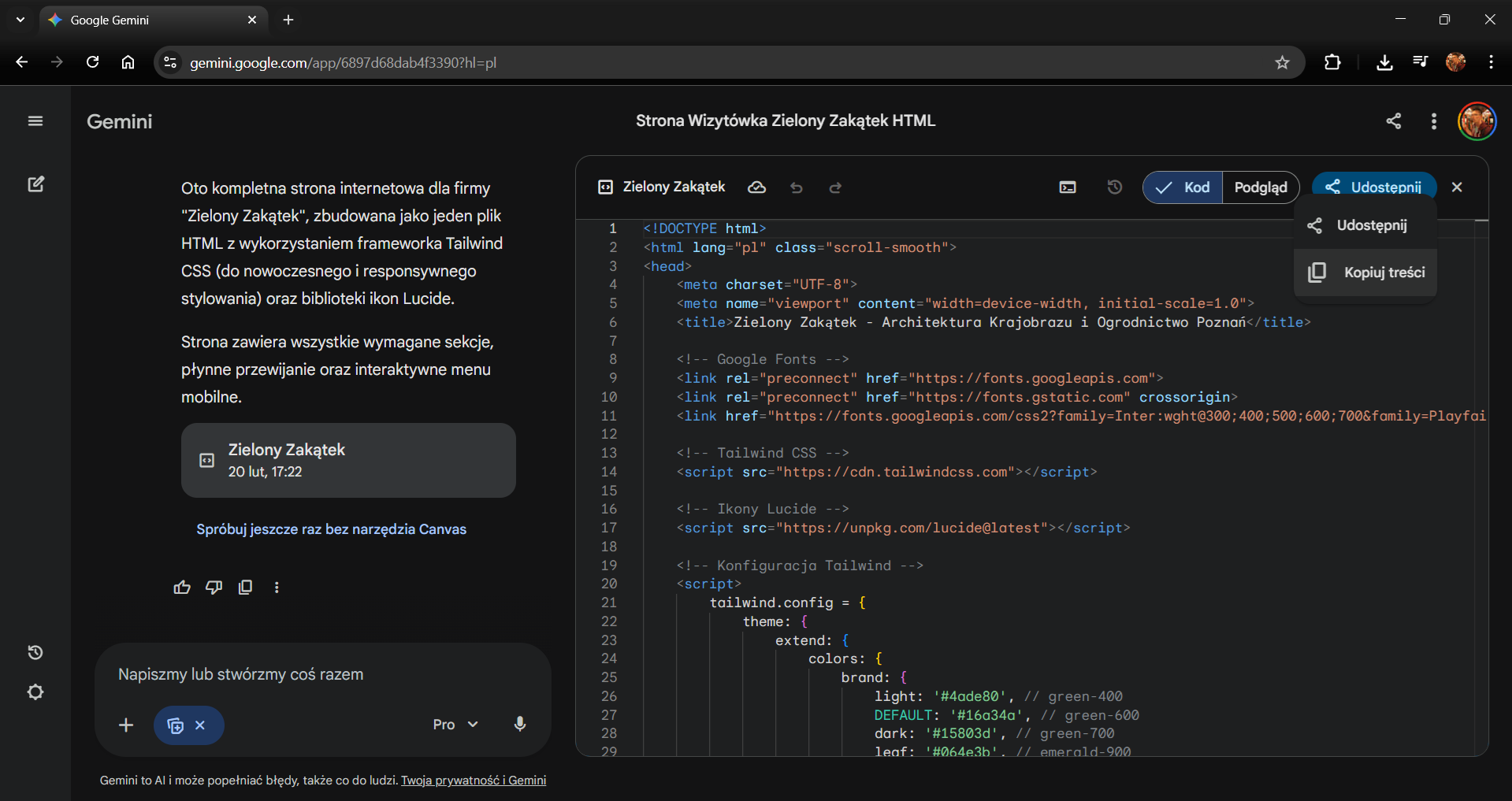 Panel Canvas w Gemini — widok podglądu strony z przyciskami Kopiuj kod i Pokaż kod