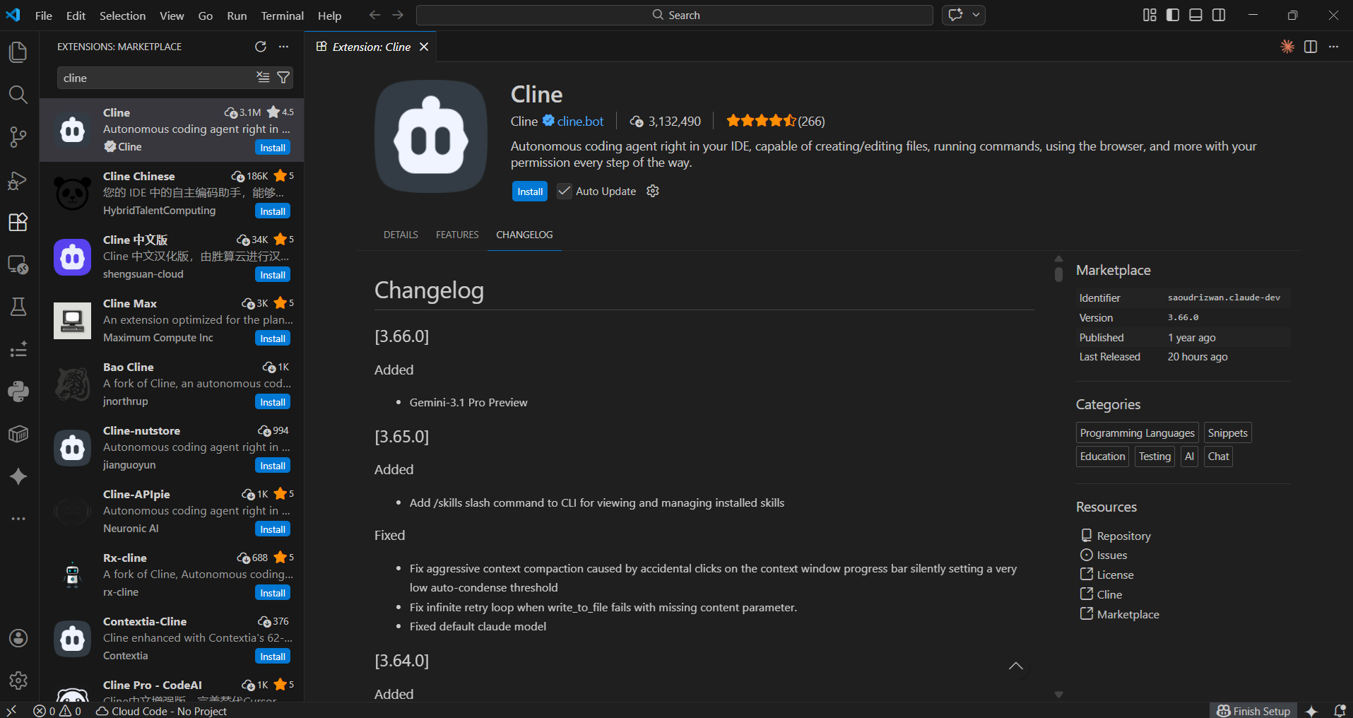 Panel rozszerzeń VS Code z wyszukanym rozszerzeniem Cline — przycisk Install