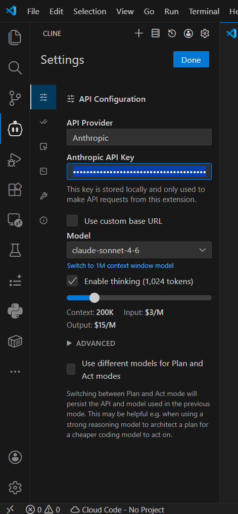 Ustawienia Cline w VS Code — pole na klucz API i wybór modelu