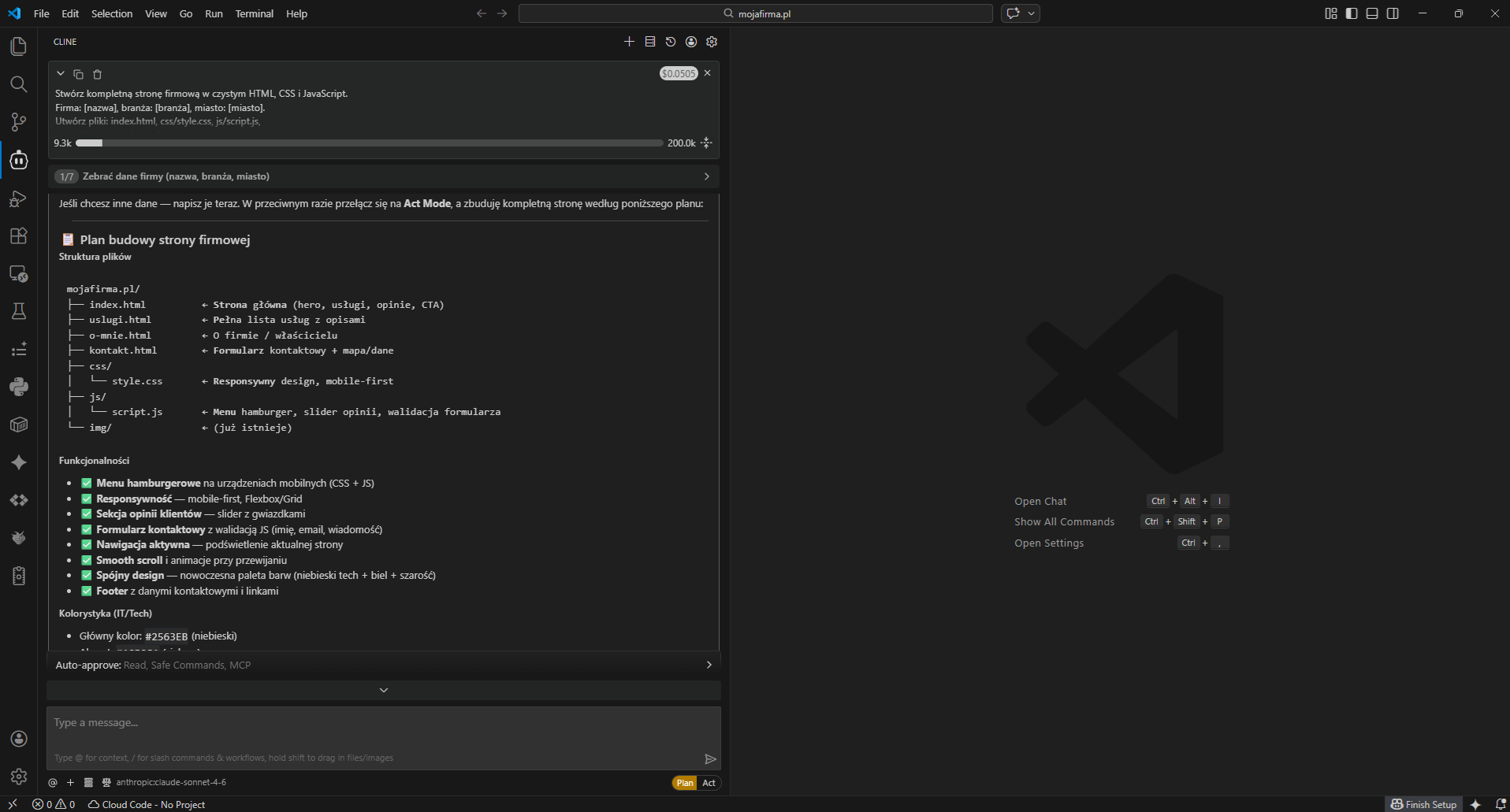 Cline w VS Code — widok planu działania z listą plików do utworzenia i przyciskiem Accept
