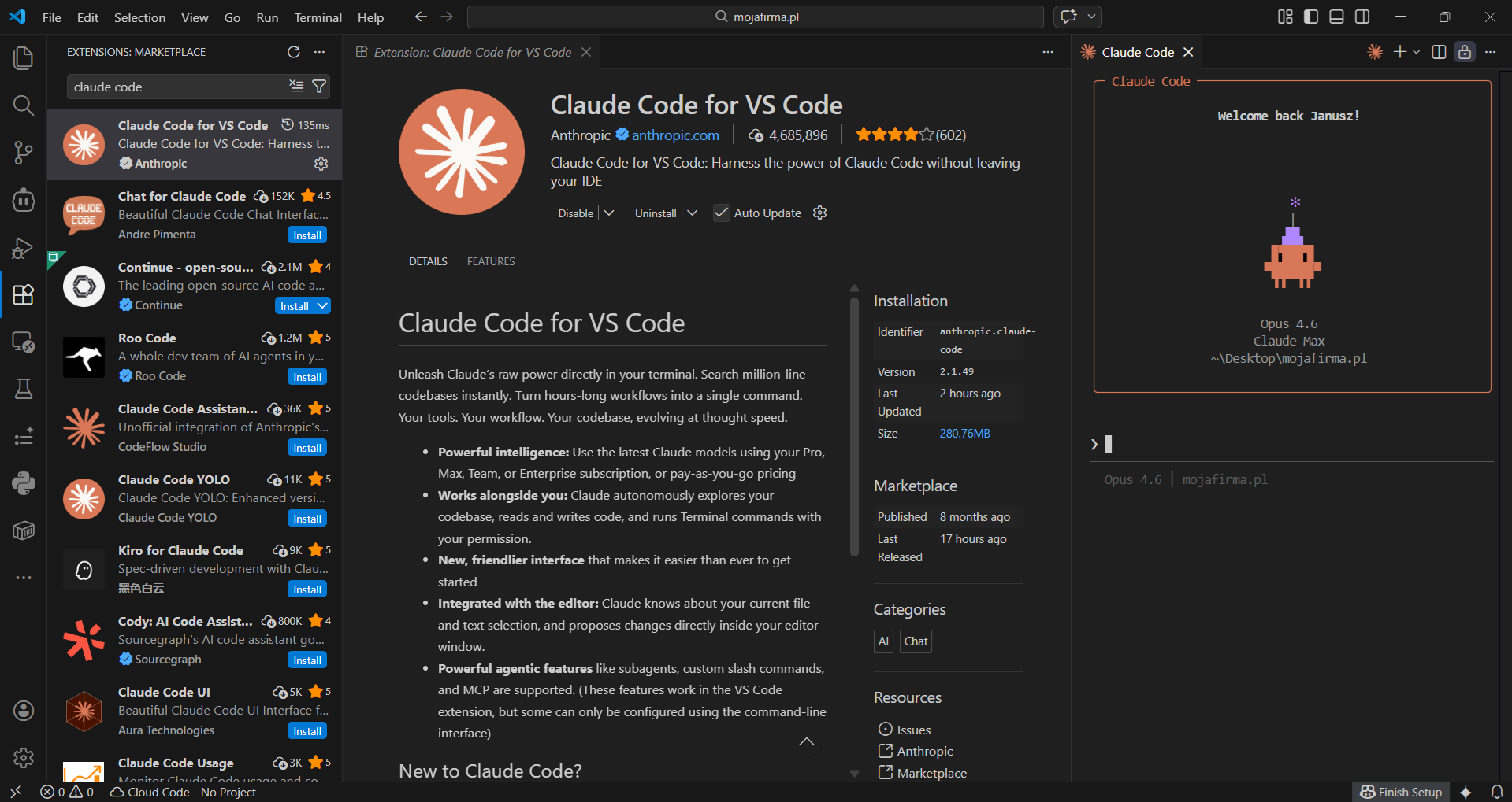 Claude Code w VS Code — panel czatu z podglądem diffu (zmian w kodzie)