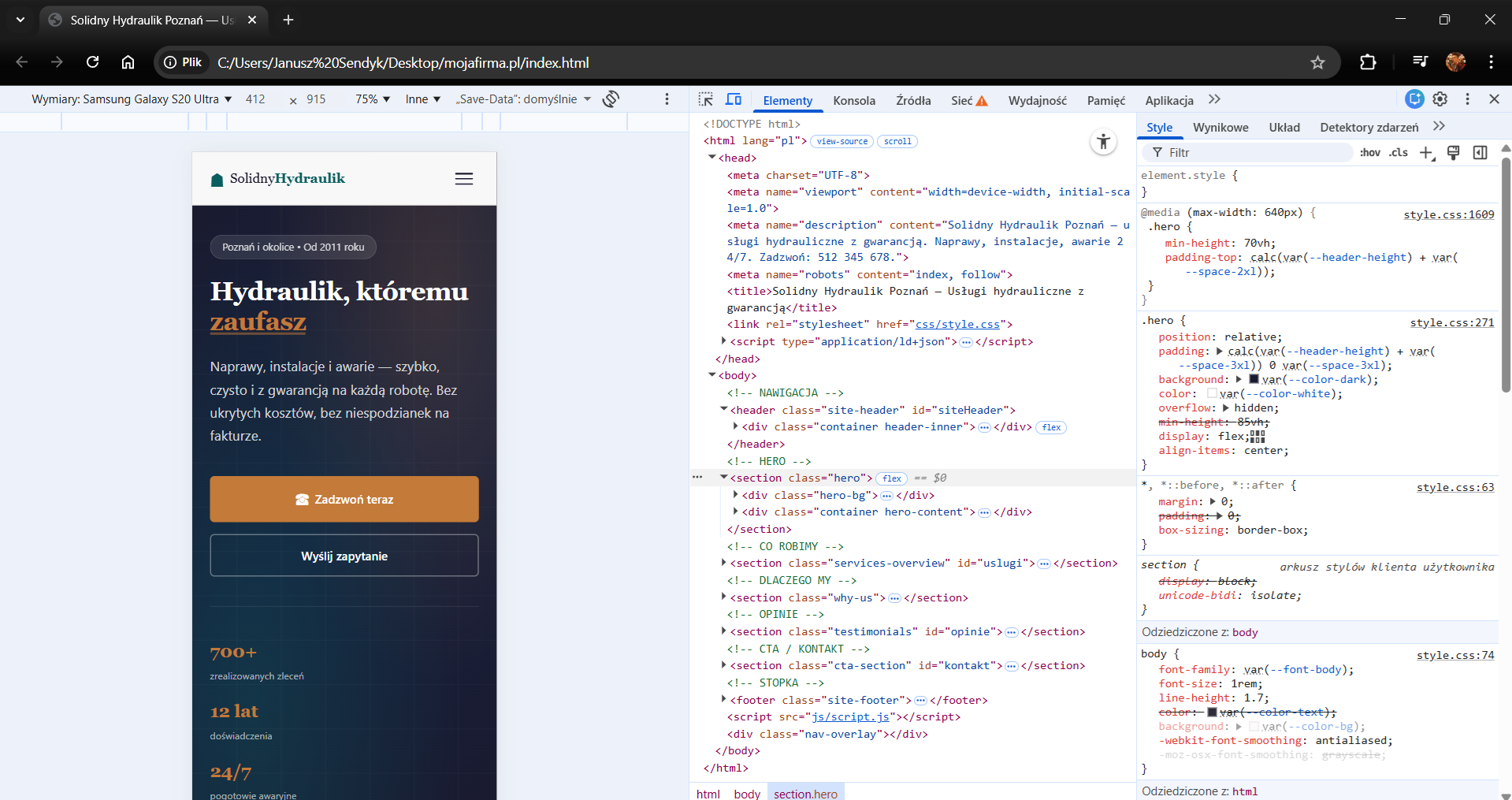 Narzędzia deweloperskie Chrome z podglądem mobilnym strony — widoczna ikona przełączania urządzenia