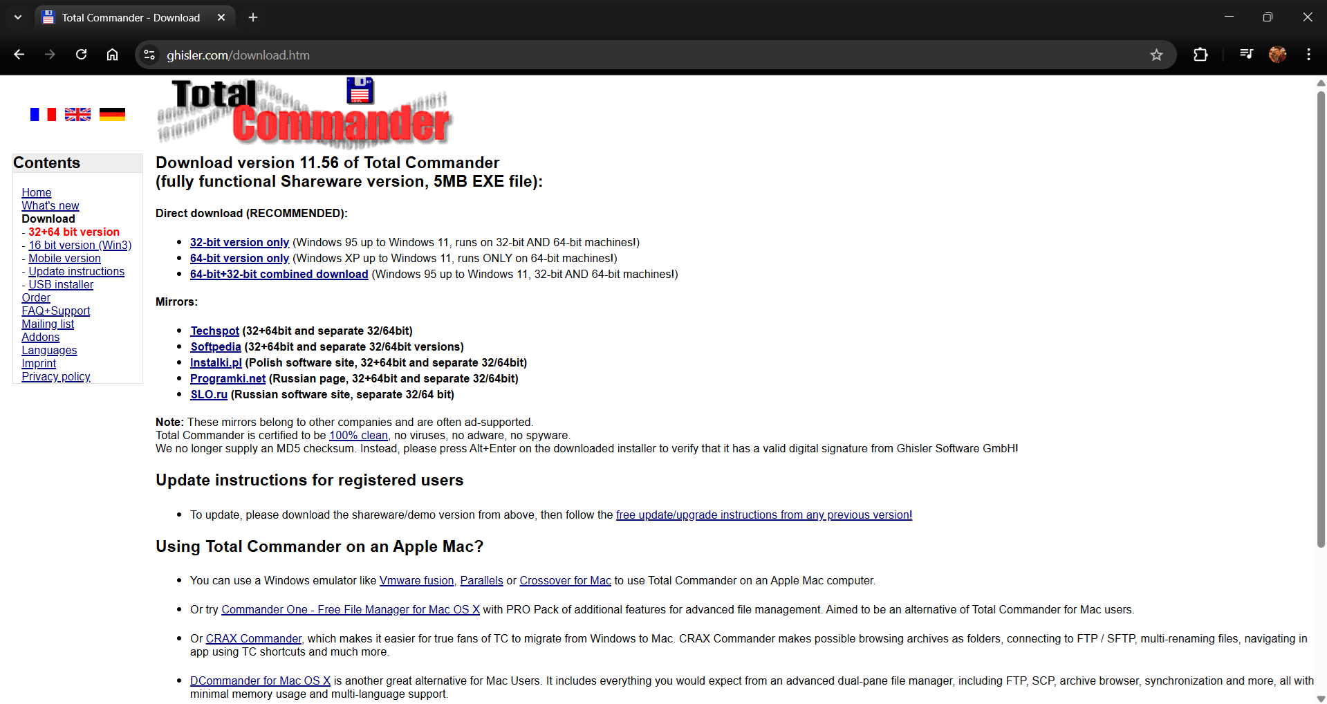 Strona pobierania Total Commander — przyciski pobierania wersji 64-bit i 32-bit