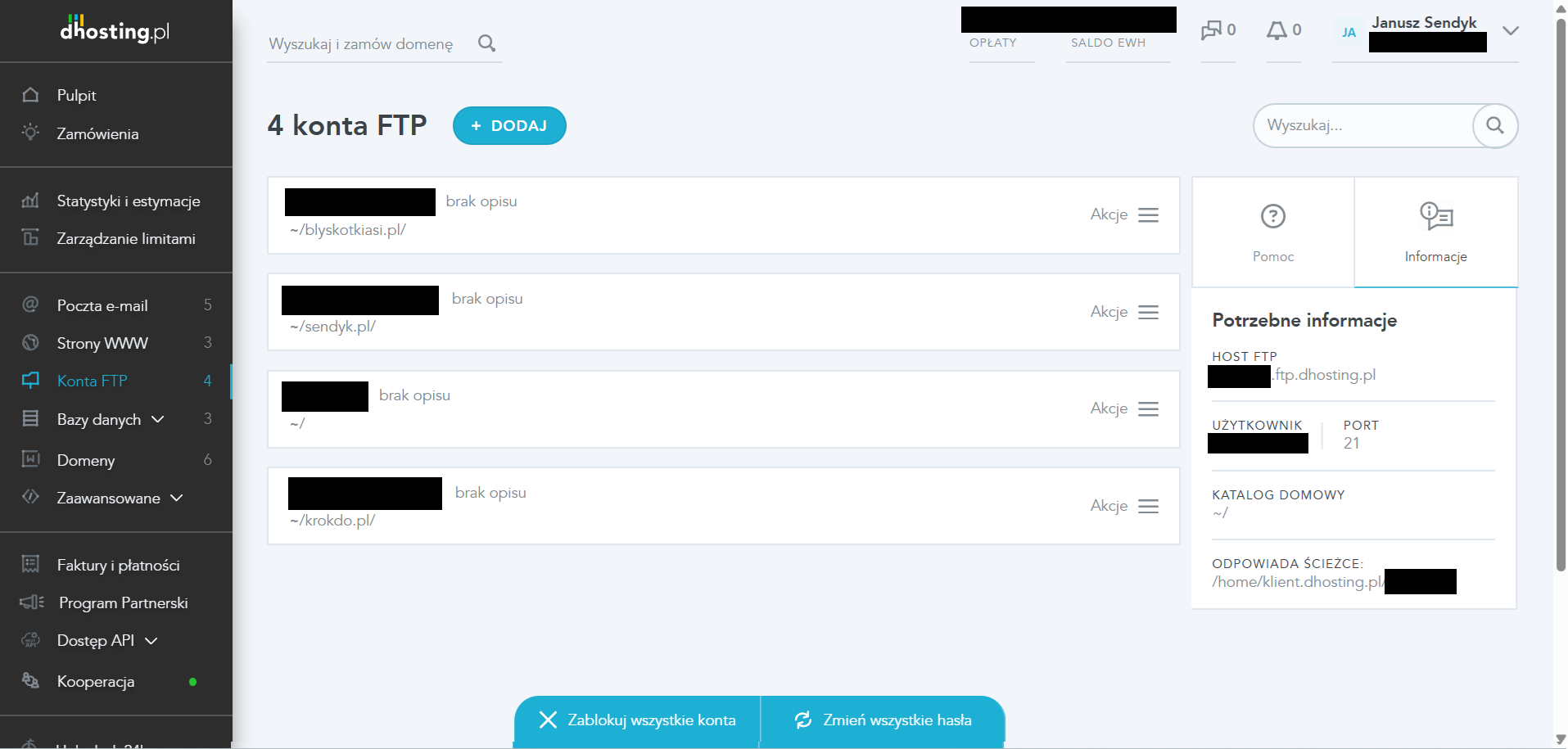 dPanel — sekcja Konta FTP z listą kont i przyciskiem Dodaj