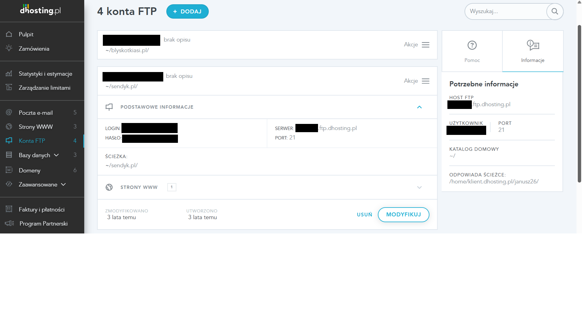 dPanel — dane konta FTP: adres serwera, login, opcja zmiany hasła
