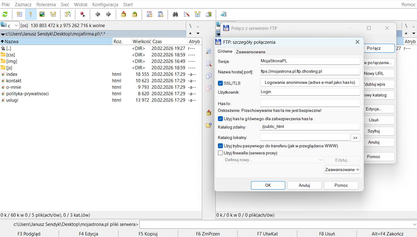 Okno konfiguracji nowego połączenia FTP w Total Commander — wypełnione pola sesja, nazwa hosta, użytkownik, hasło, zdalny katalog public_html