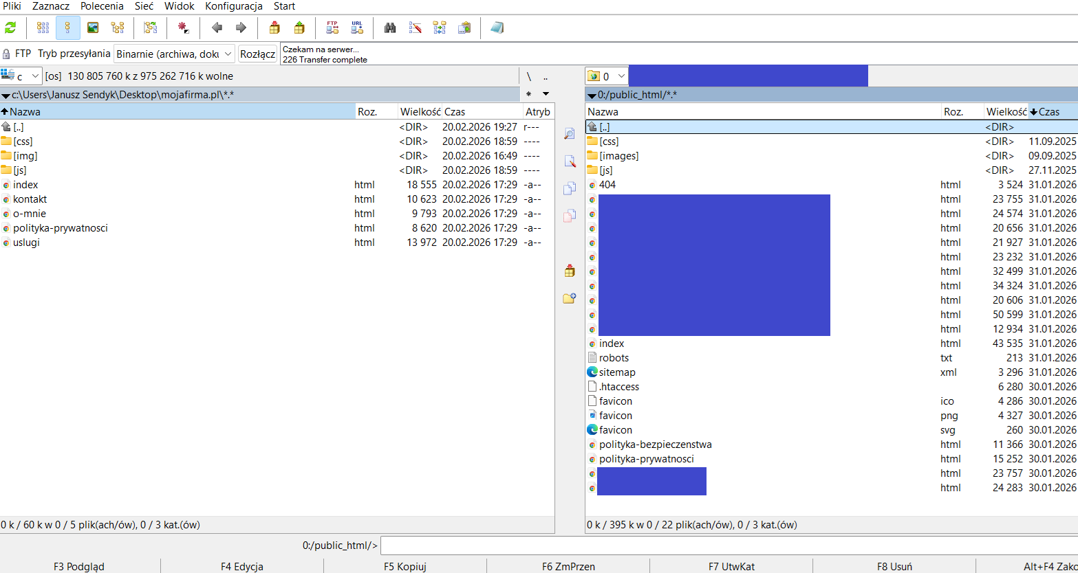 Total Commander po połączeniu z FTP — lewy panel z plikami lokalnymi strony, prawy panel z zawartością public_html na serwerze